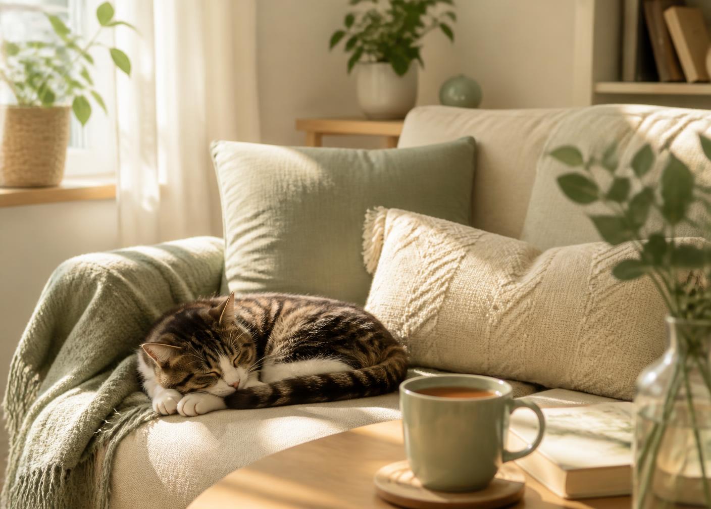 Un chat endormi paisiblement sur un canapé ensoleillé