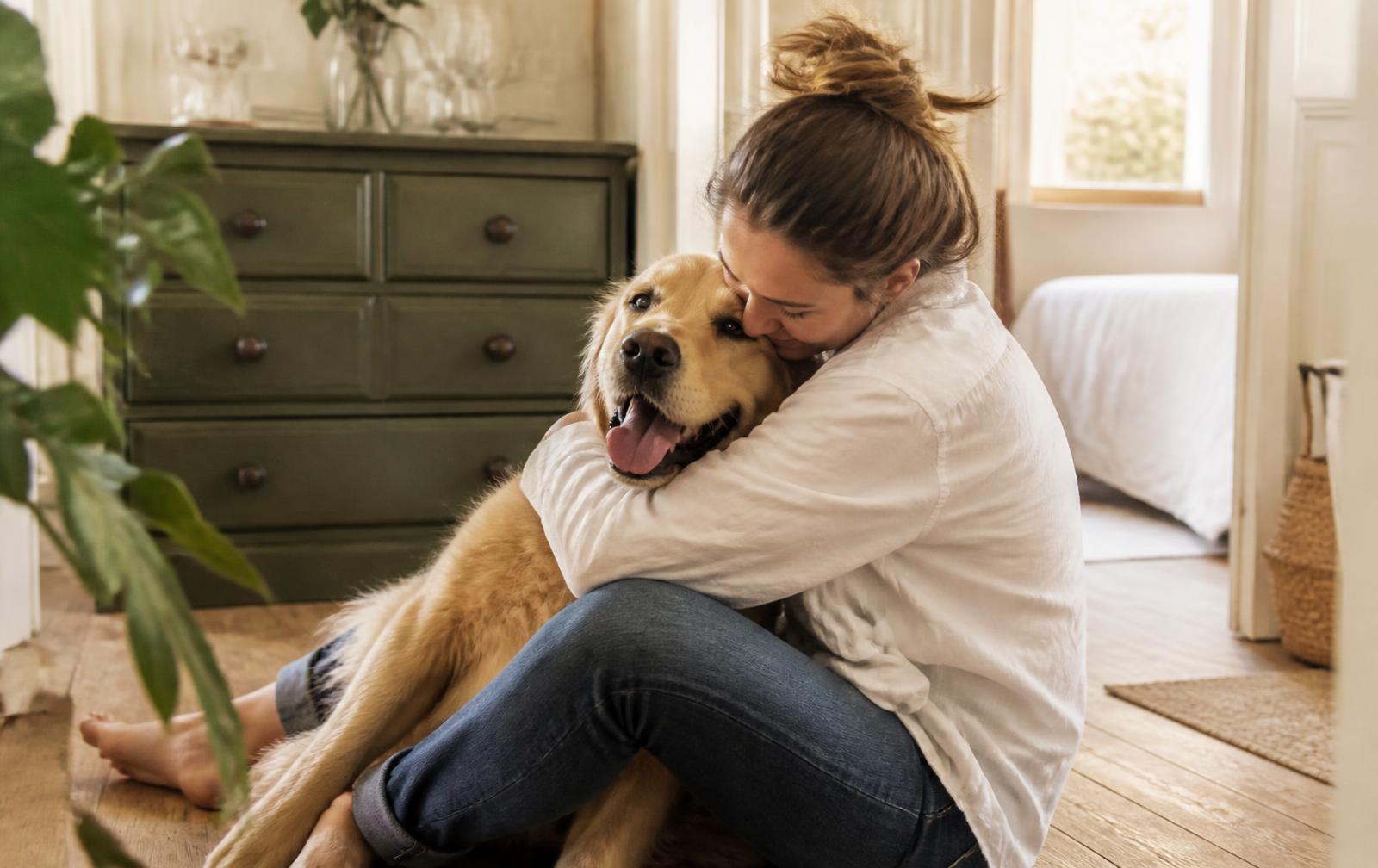 Une femme câline son chien dans un salon chaleureux