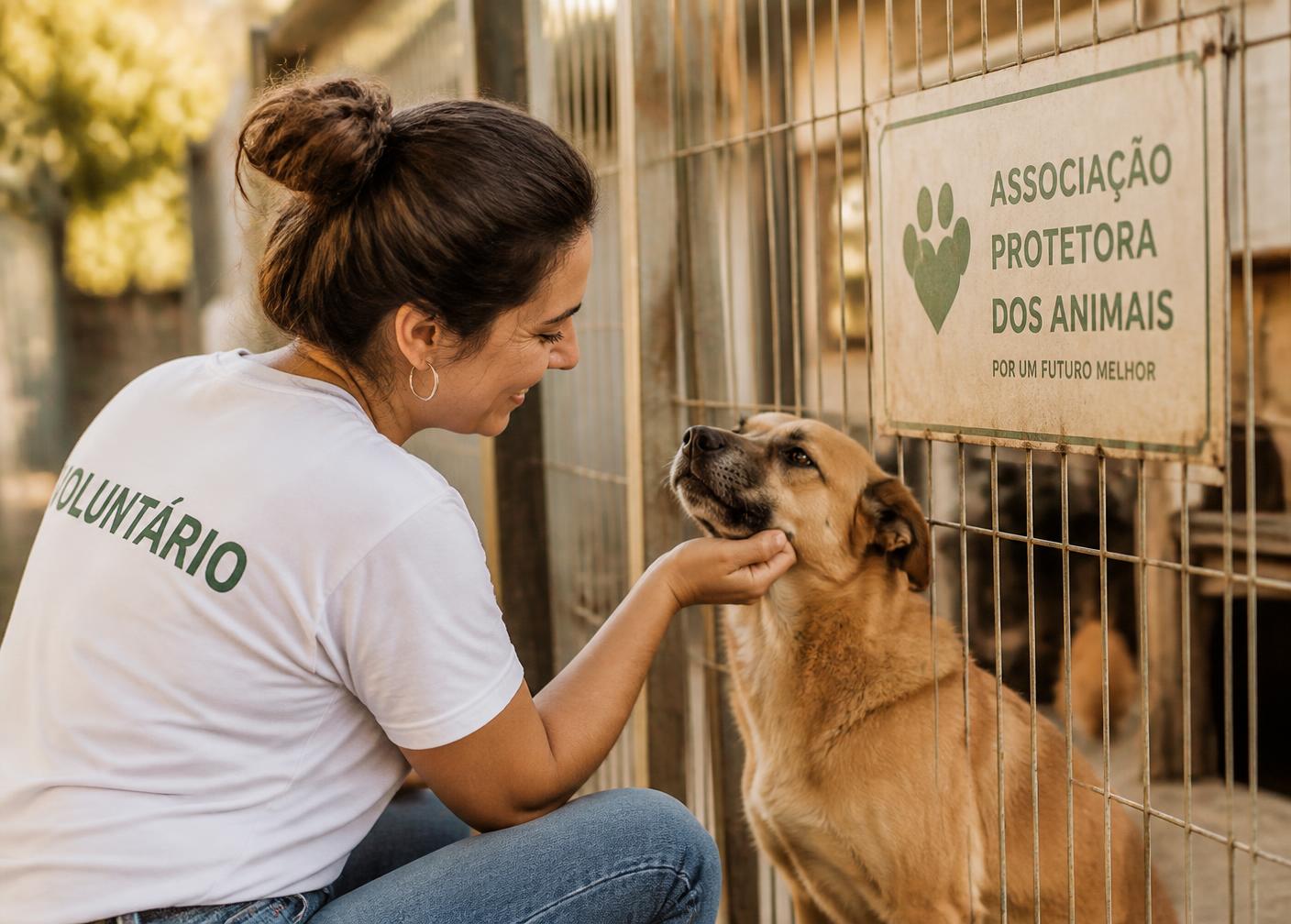 Une bénévole caresse un chien en refuge à travers un grillage